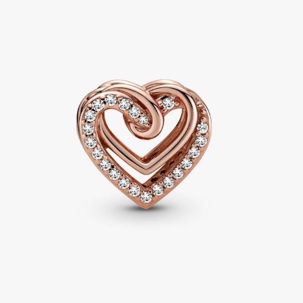 S925 Sterling Silver Sparkling Entwined Hearts Charm in Rose Gold - NWT